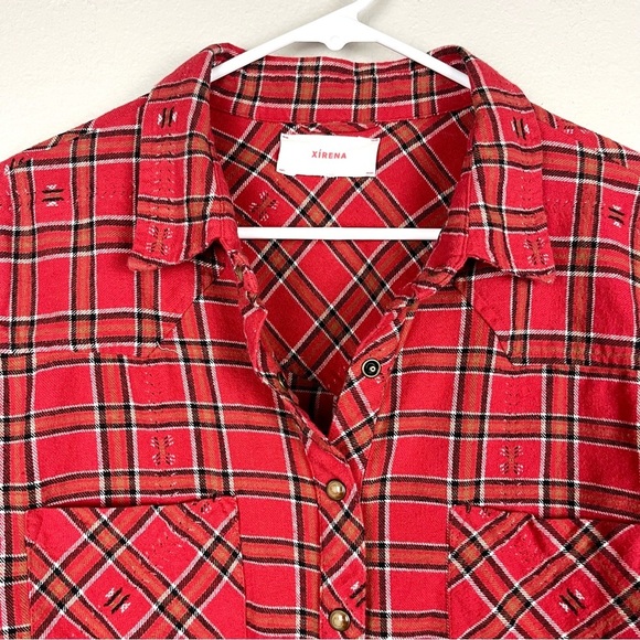 XIRENA Red Plaid Flannel Snap Buttondown Oversized Shirt Top - Picture 3 of 6